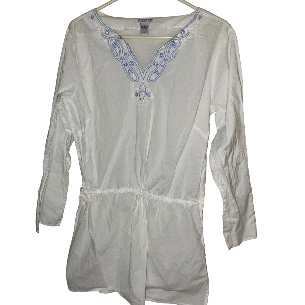 La Cera Tunic Women XL White Blue Embroidered Cotton Boho Drawstring Top V-Neck